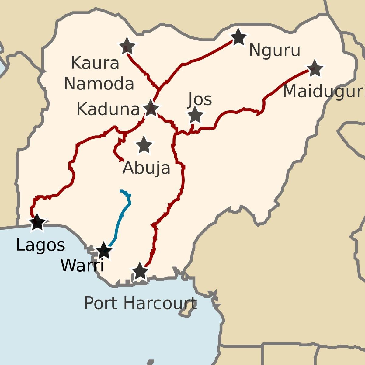 kart Nigeriya göstərilməklə, dəmir yolu xətləri