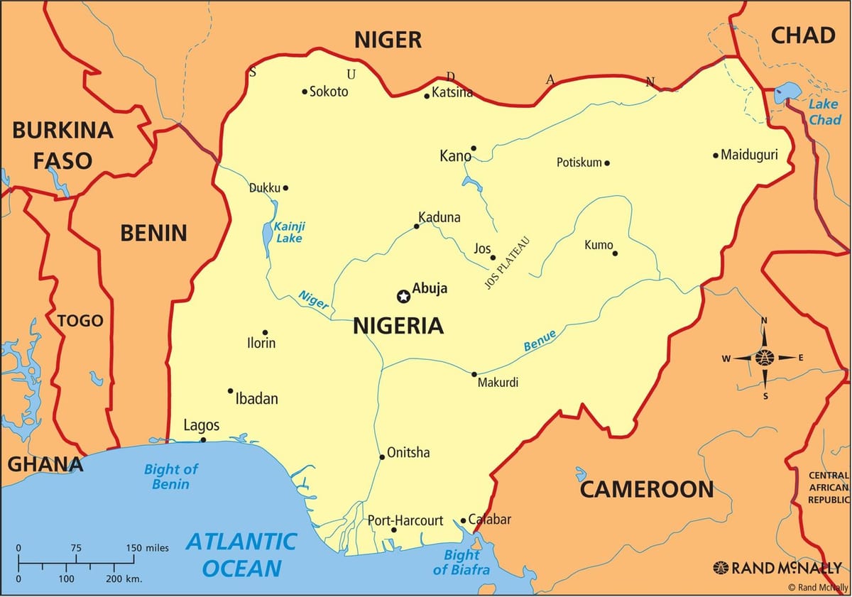 kart Nigeriya göstərilməklə, Niger çayının və бенуэ