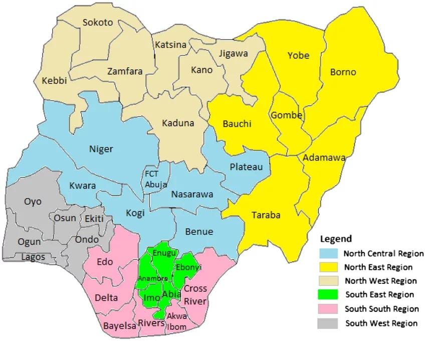 Kart Nigeriya göstərilməklə geosiyasi zonalarının