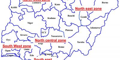 Kart Nigeriya göstərilməklə altı geosiyasi zonalarının